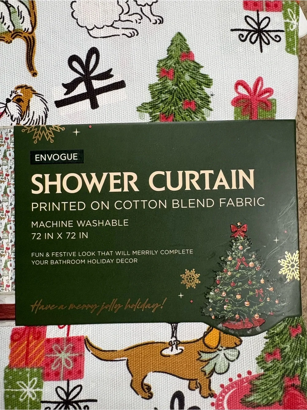 Envogue White Shower Curtain with Red & Green presents, dogs, presents, poodles